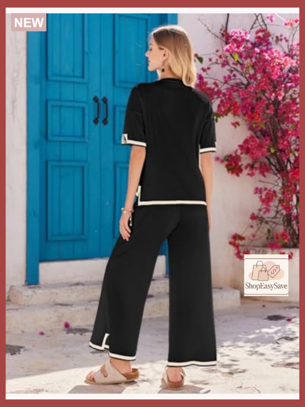 2 Piece Lounge Set Short Sleeve Top Wide Leg Pants Travel Outfit - Picture 5 of 7